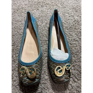 Biondini Flavia Ballet Flats Turquoise Brown Snake Emblem‎ Square Toe Mens 7